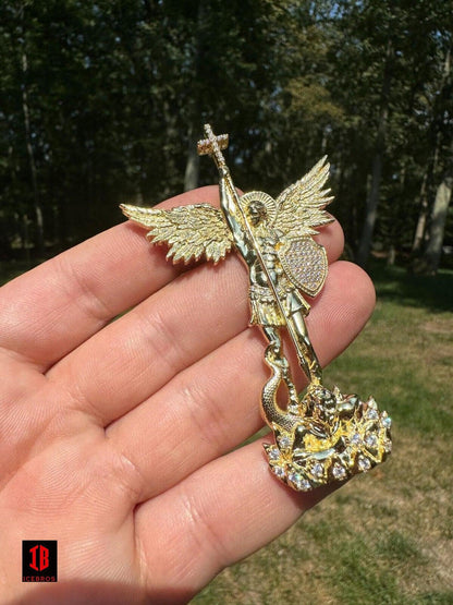 Glossy MOISSANITE Saint Michael Killing Dragon Demon 3D 14k White Gold Sand Blast 925 Matte Silver