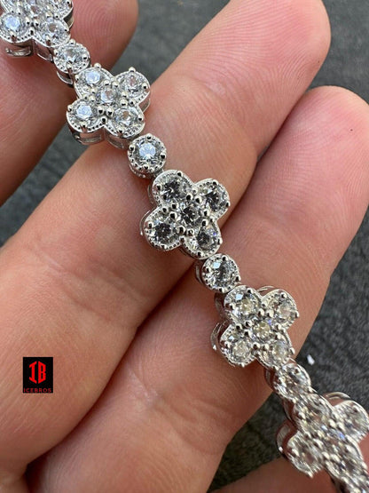 Real Solid 925 Silver 10mm Iced CZ Clover Flower Tennis Bracelet Mens Ladies