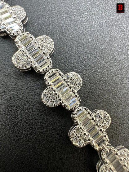 Detailed View Of  Baguette White Gold Color Less Moissanite Surrounded By Round  Moissanite Stones on Clover tennis Bracelet