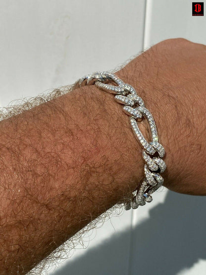 Real Solid 925 Silver Mens Custom Figaro Bracelet 14mm Iced Diamond Heavy HipHop