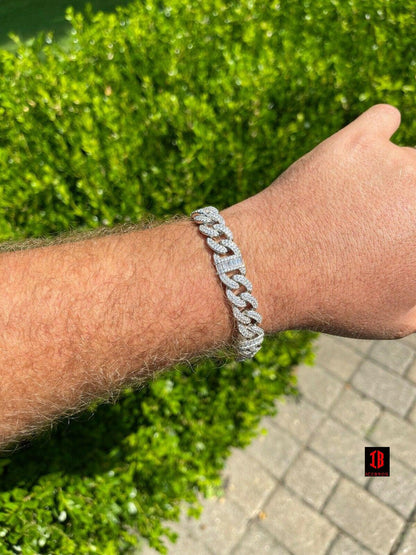 WHITE GOLD Real Solid 925 Silver Mens Miami Cuban Iced Gucci Link Bracelet Baguette Diamond