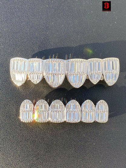 Gold Rhodium 925 Sterling Silver Grillz Baguette Iced Grills Top Or Bottom Teeth