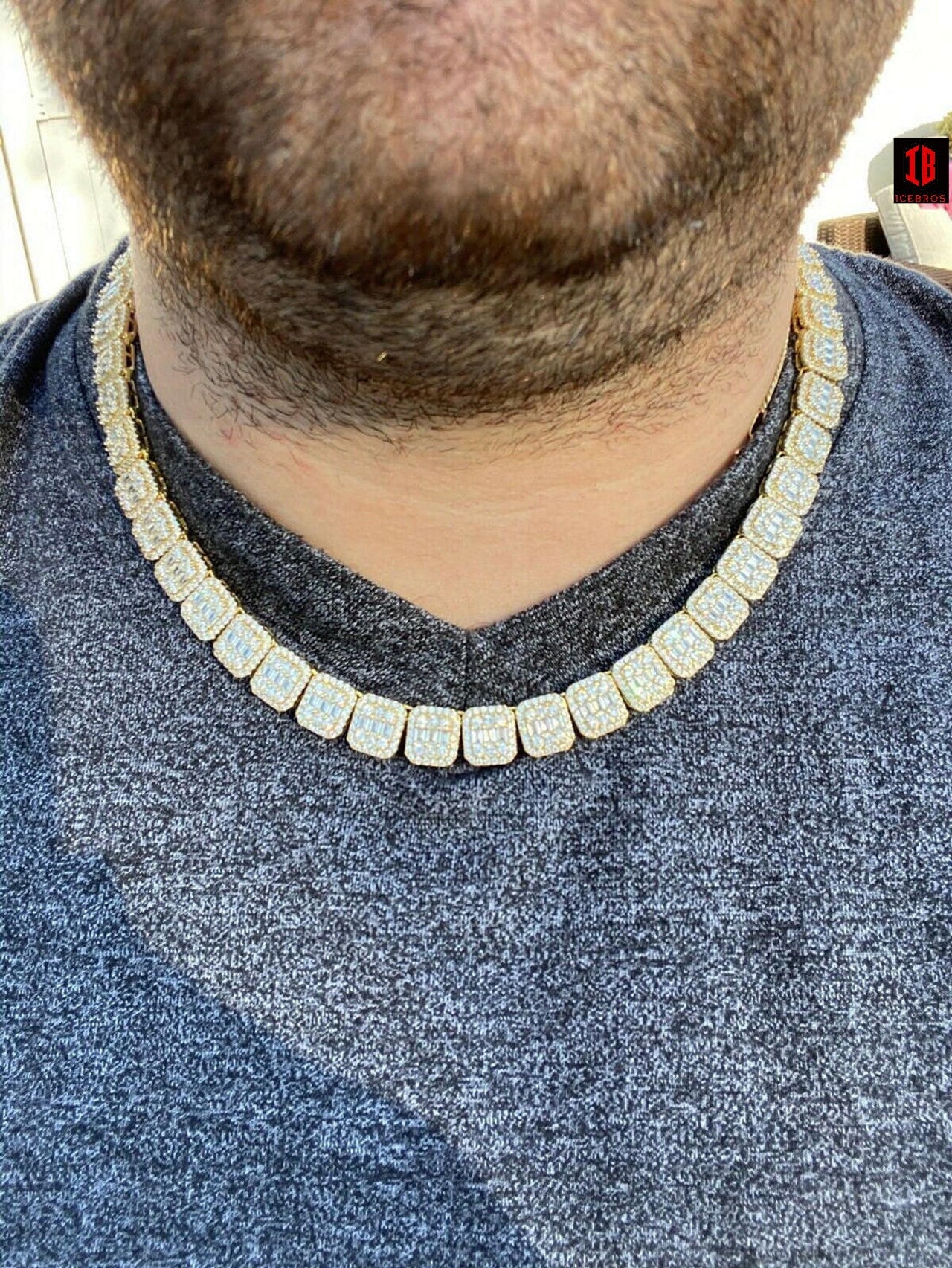 Men's Paved 11mm Baguette Tennis Chain Rose Gold Over Real 925 Silver 18" Choker - 30" (YELLOW GOLD)