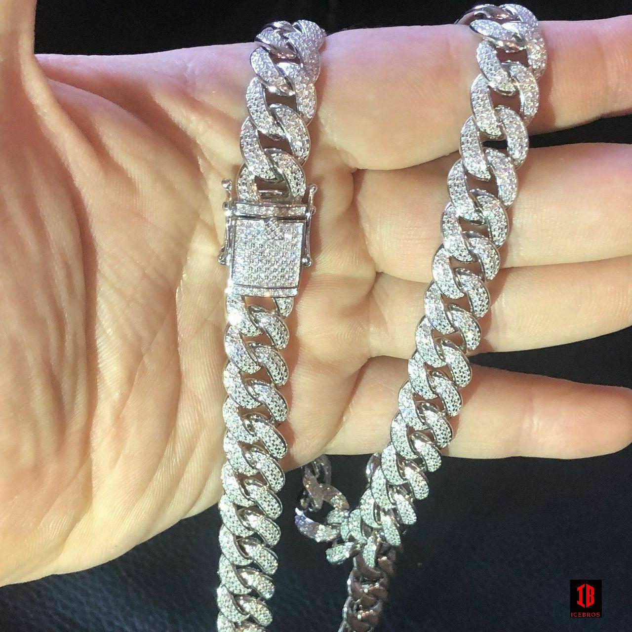 WHITE GOLD Mens Cuban Miami Link 12mm Chain 925 Silver 40-60ct Man Made Diamonds 18-30inch