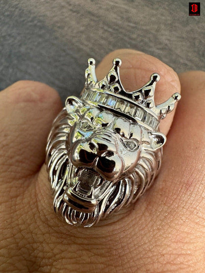 Lion W. Moissanite Baguette Crown 3D Mens Ring - 14k Gold Over Real 925 Silver