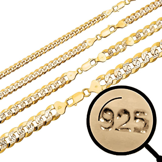 10K/14K Over 925 Silver Diamond Cut Flat Miami Curb Cuban Link Chain Necklace (3-11mm)