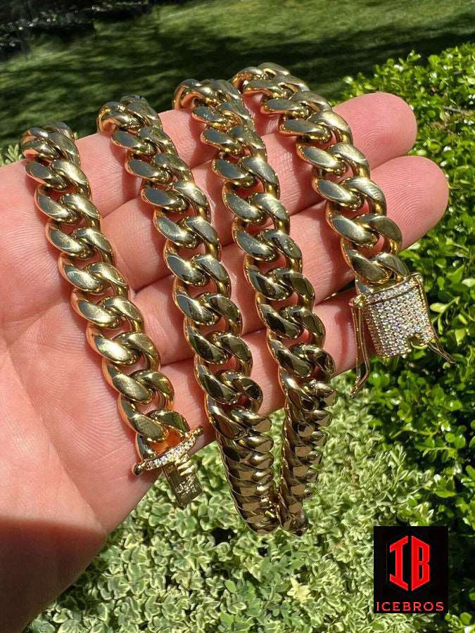 (14MM) 14K-18K Gold Plated Stainless Steel Cuban Link Chain CZ Diamond Lock 8-14MM