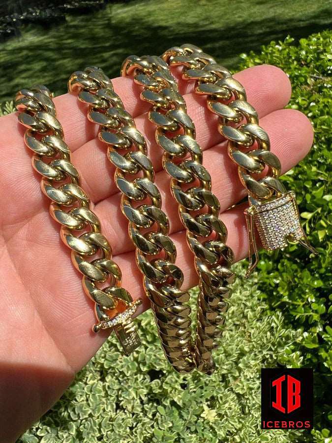 (10MM) 14K-18K Gold Plated Stainless Steel Cuban Link Chain CZ Diamond Lock 8-14MM