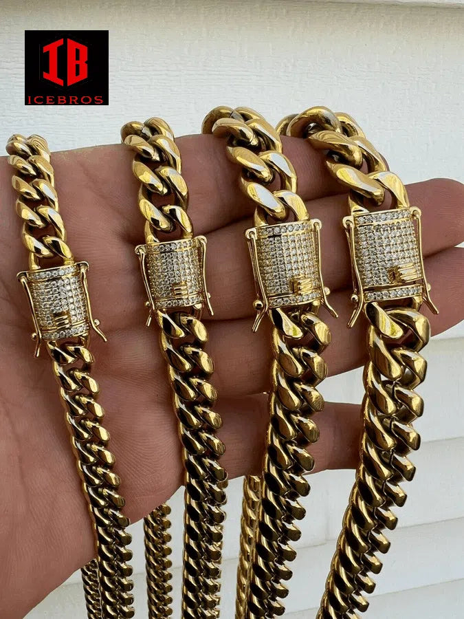 (8MM) 14K-18K Gold Plated Stainless Steel Cuban Link Chain CZ Diamond Lock 8-14MM