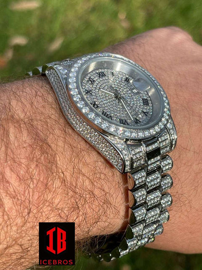 (1) Roman Numeric MOISSANITE Men's Presidential Watch Iced Flooded Out Hip Hop Diamond Tester