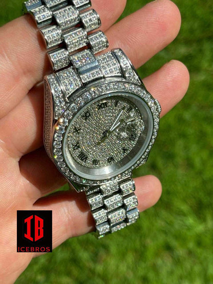 (1) Roman Numeric MOISSANITE Men's Presidential Watch Iced Flooded Out Hip Hop Diamond Tester