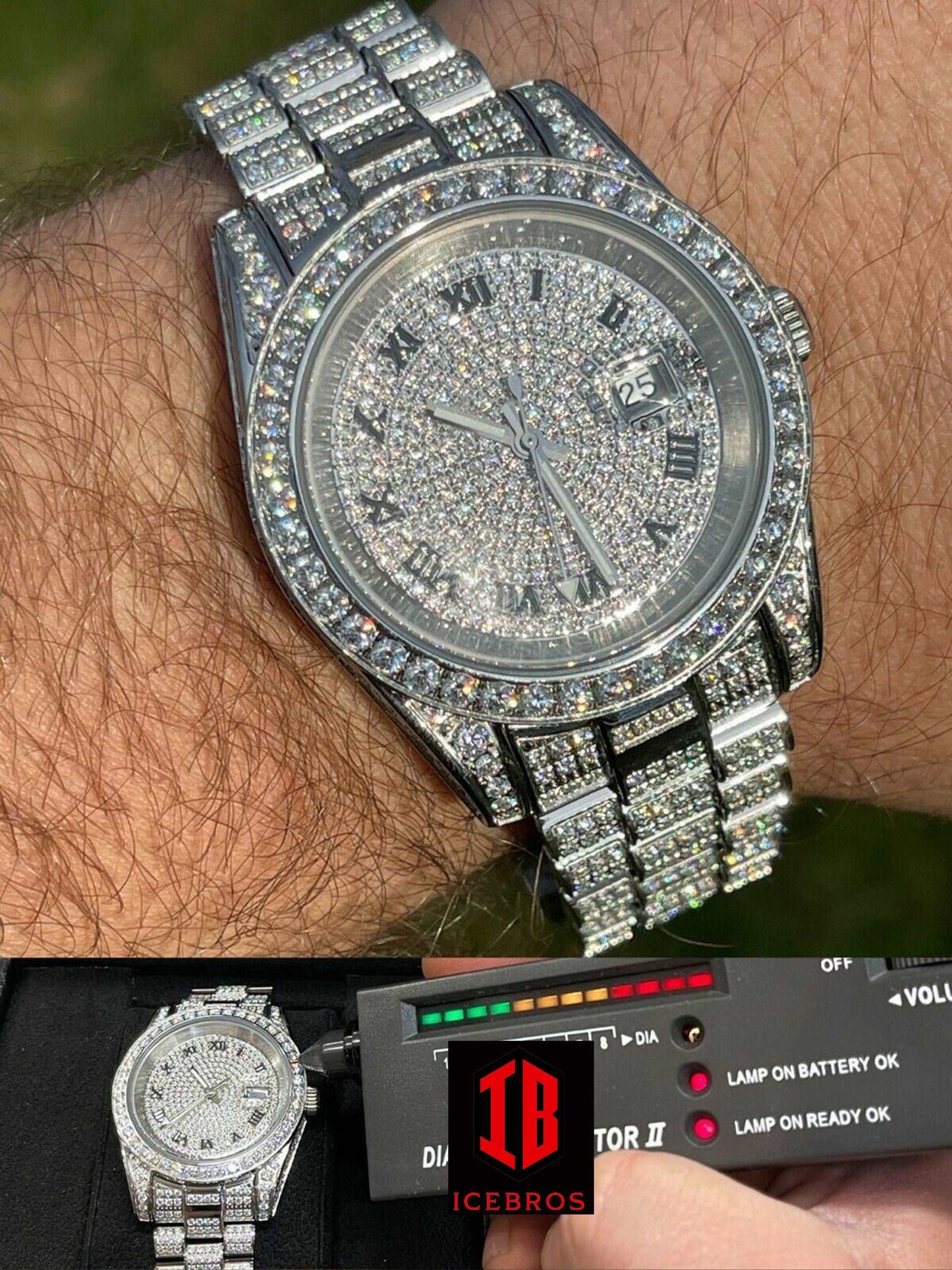 (1) Roman Numeric MOISSANITE Men's Presidential Watch Iced Flooded Out Hip Hop Diamond Tester