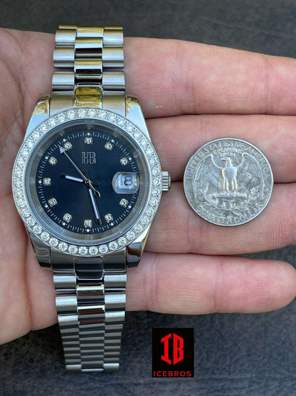 (3) Men's President Stainless Steel Iced 3.3ct Moissanite Watch Pass Diamond Tester 41mm