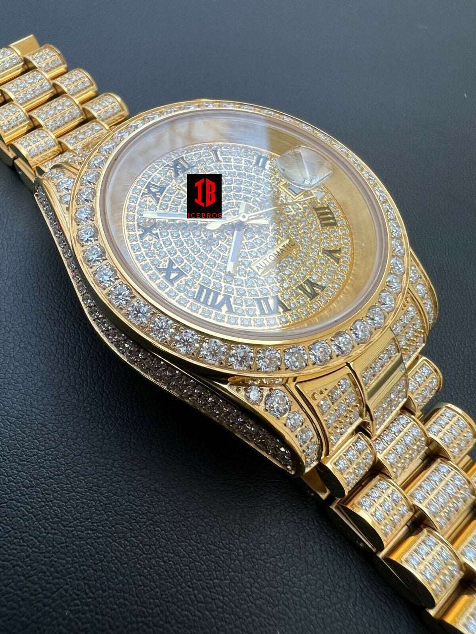 (40) MOISSANITE Men Presidential Automatic Watch Gold Iced Hip Hop Passes Diamond Test