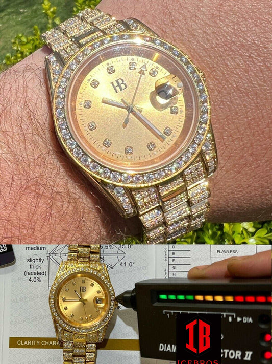 (56) VVS MOISSANITE Automatic Presidential Watch Gold Iced Hip Hop Pass Diamond Test