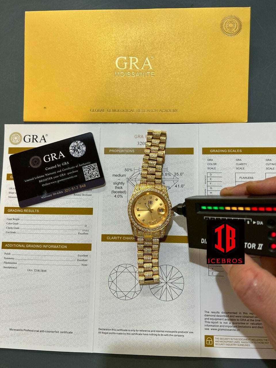 (56) VVS MOISSANITE Automatic Presidential Watch Gold Iced Hip Hop Pass Diamond Test