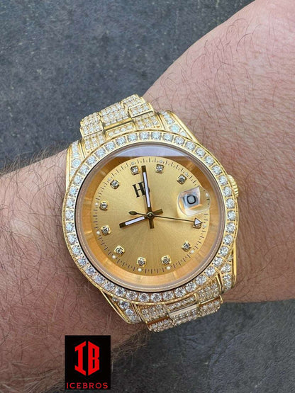 (56) VVS MOISSANITE Automatic Presidential Watch Gold Iced Hip Hop Pass Diamond Test