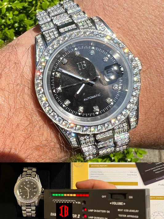 (45) ICED MOISSANITE Black Presidential Watch Iced Hip Hop Passes Diamond Test