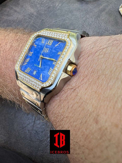 (43) Men's 2.5ct VS MOISSANITE Watch Two Tone Gold Iced Automatic Movement Blue Face