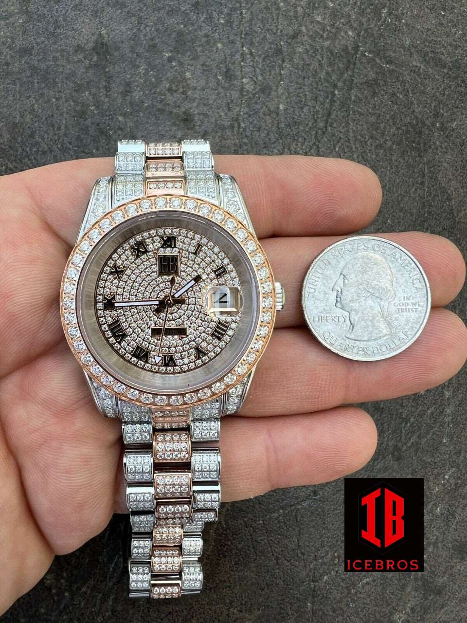 (44) MOISSANITE Mens Two Tone Presidential Watch Rose Gold Iced Hip Hop Pass Diamond Test
