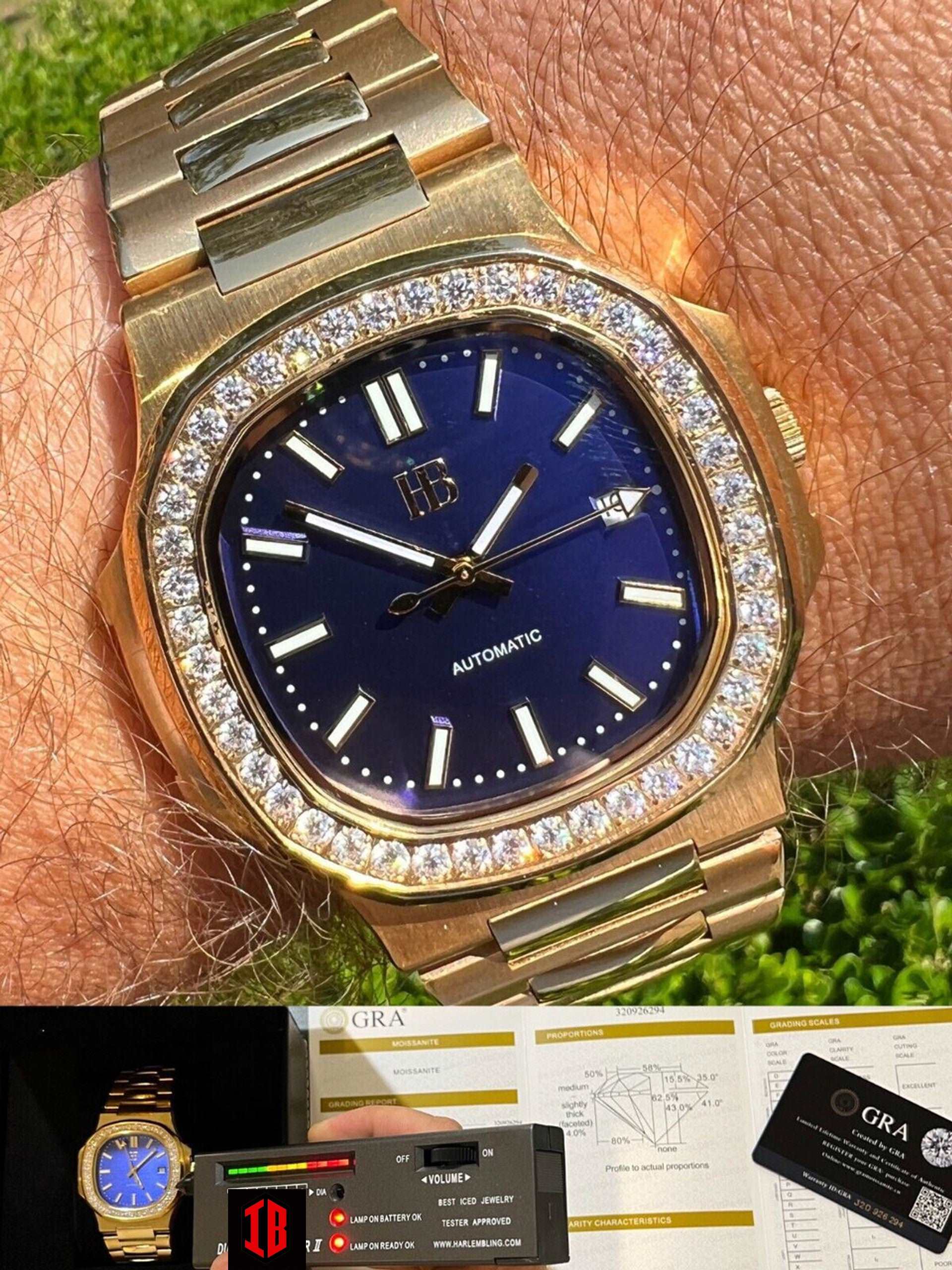 (33) Men's Stainless Steel Gold Iced 2ct Moissanite Watch Pass Diamond Test Blue Face