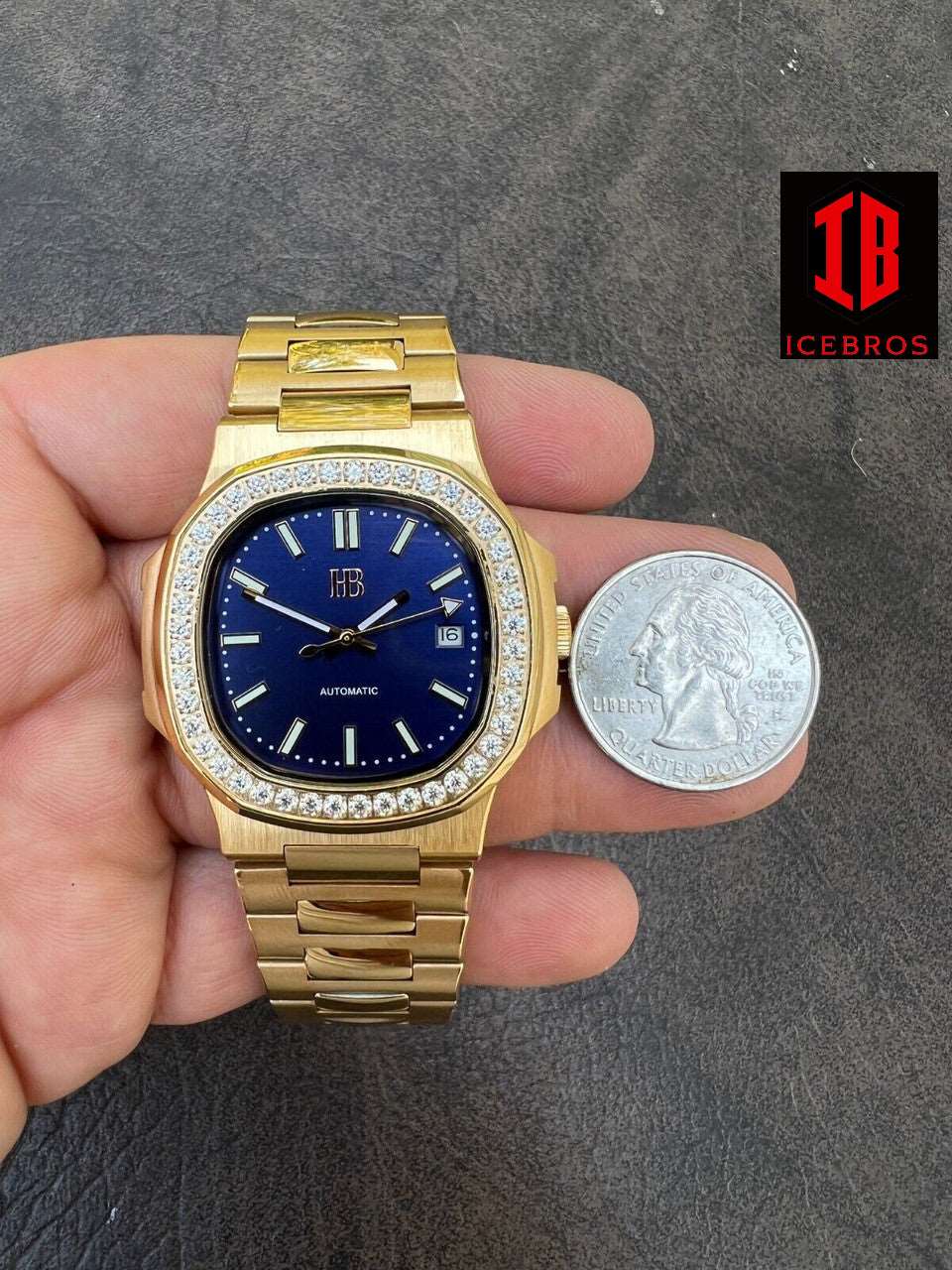 (33) Men's Stainless Steel Gold Iced 2ct Moissanite Watch Pass Diamond Test Blue Face