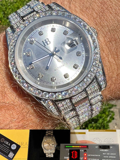 (34) 13.3ct MOISSANITE Automatic Presidential Watch Silver Iced Out Pearl