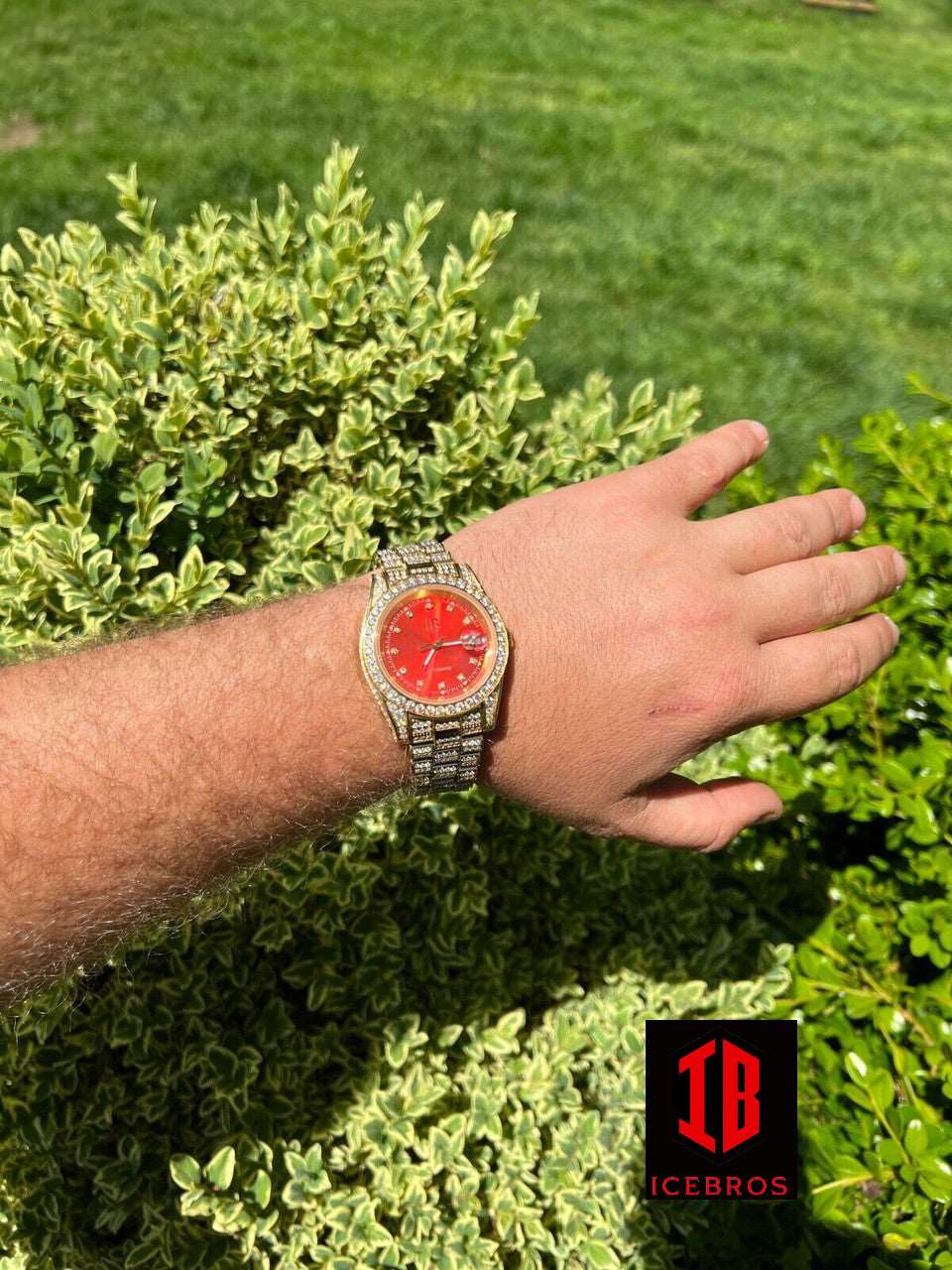 (29) Mens MOISSANITE Red Face Gold Presidential Watch Iced Hip Hop Passes Diamond Test