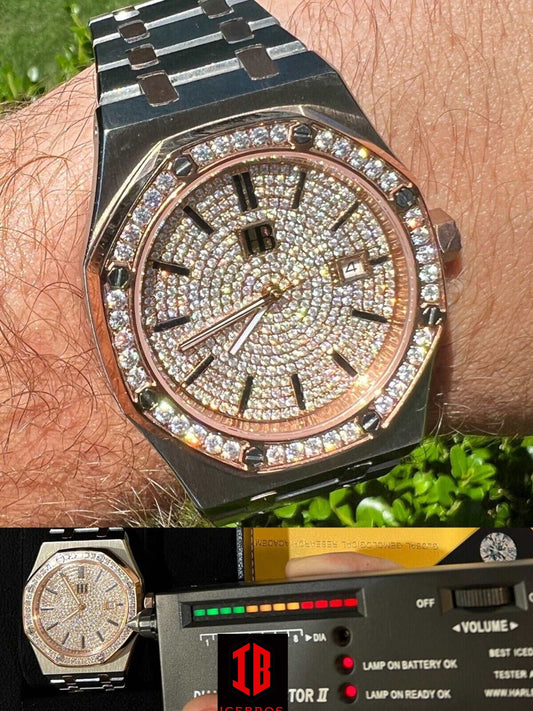 (25) MOISSANITE Watch Fully Iced Bezel Automatic Skeleton Back Rose Gold & Stainless Steel