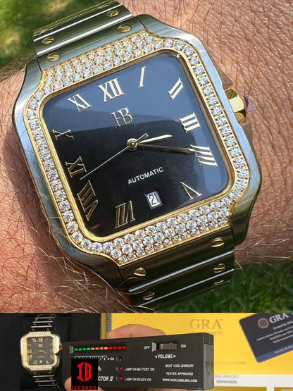 (24) Mens 2.5ct MOISSANITE Watch Hip Hop Two Tone White & Gold Iced Automatic Black Face