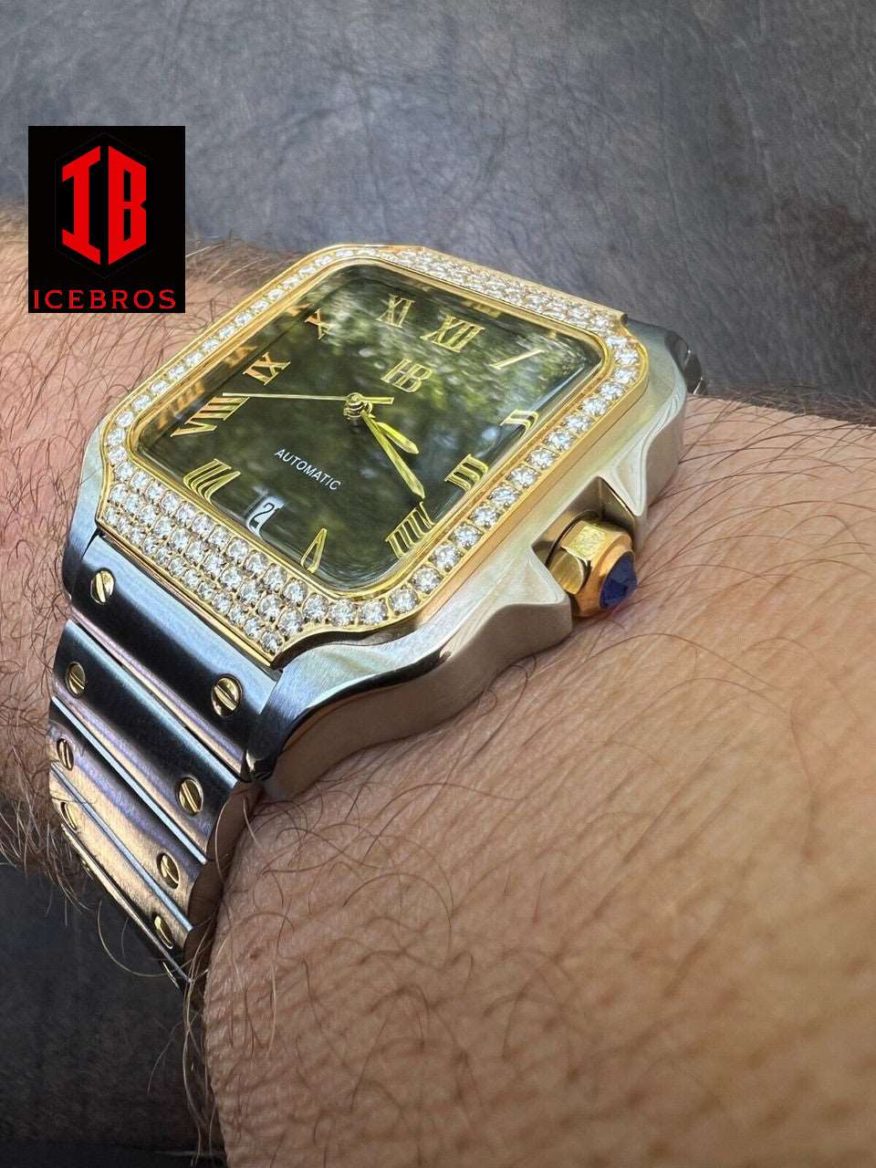 (24) Mens 2.5ct MOISSANITE Watch Hip Hop Two Tone White & Gold Iced Automatic Black Face
