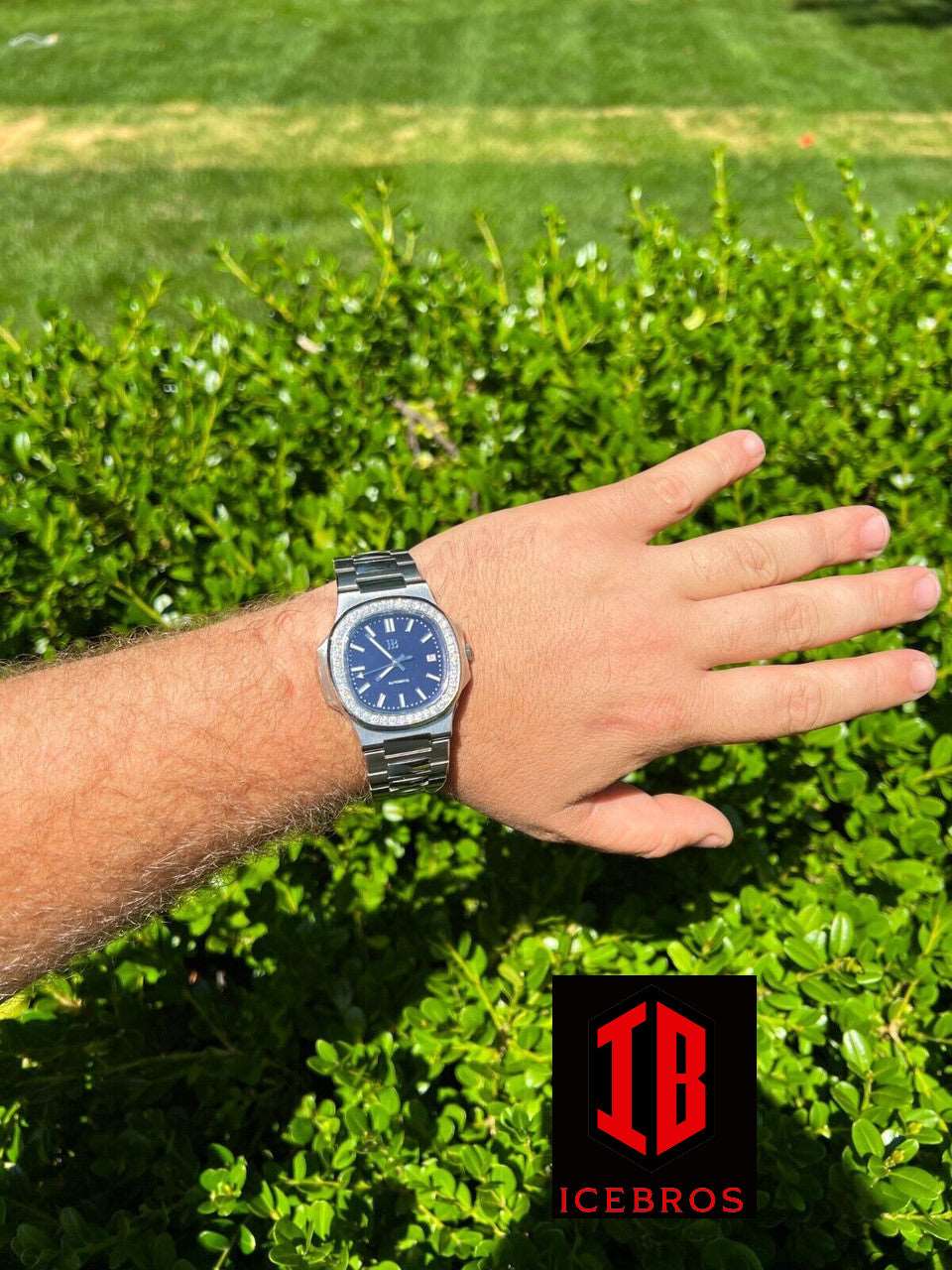 (18) Mens Real Stainless Steel Iced 2cts Moissanite Watch Passes Diamond Test Blue Face