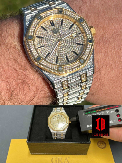 (15) MOISSANITE Men's Skeleton Watch Iced Gold & Silver Hip Hop Passes Diamond Test