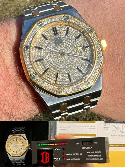 (12) Men's Ladies Gold Watch Iced Automatic Skeleton Back Gold 44mm Moissanite Stone Bezel