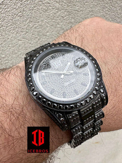 (31) 15ct Black MOISSANITE Men's Presidential Watch Iced Out Bust Down