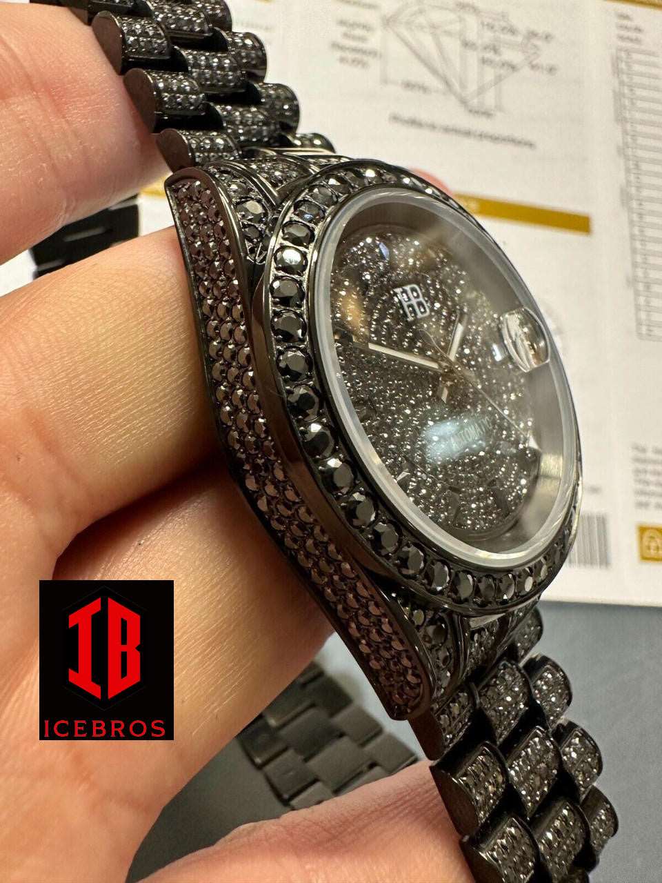 (31) 15ct Black MOISSANITE Men's Presidential Watch Iced Out Bust Down