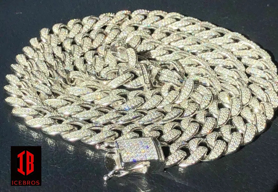 925 Vermeil Silver Cuban Link Chain Iced Moissanite - Passes Diamond Tester 12mm