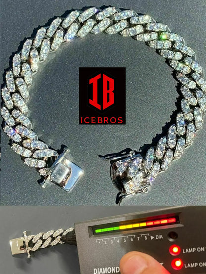 12mm 925 Silver Men's Miami Cuban Bracelet Iced Moissanite Pass Diamond Tester Solid