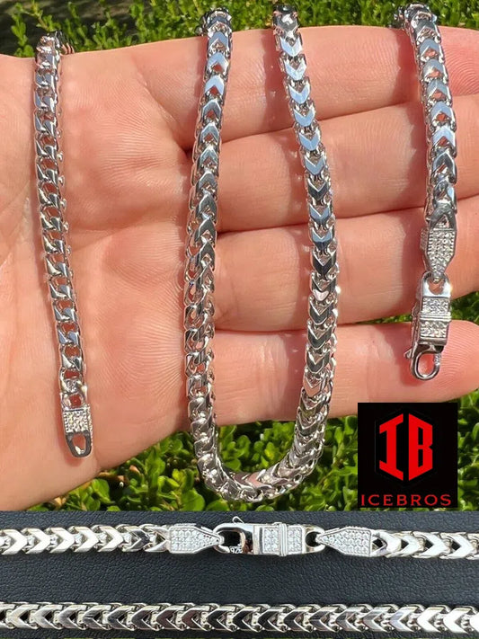 5mm Franco Link Chain Necklace 925 Sterling Silver Iced MOISSANITE Lock