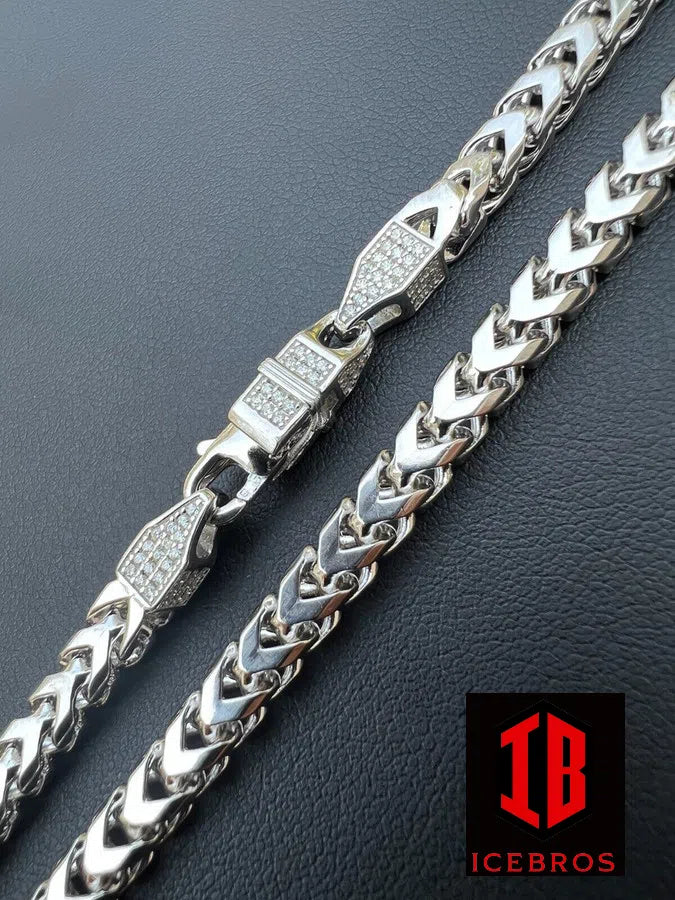 5mm Franco Link Chain Necklace 925 Sterling Silver Iced MOISSANITE Lock