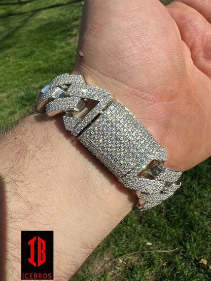 Detailed Shot of 22mm White Gold Iced Prong Miami Cuban Link Bracelet on Hand Model with Diamond Moissanite Box Clasp