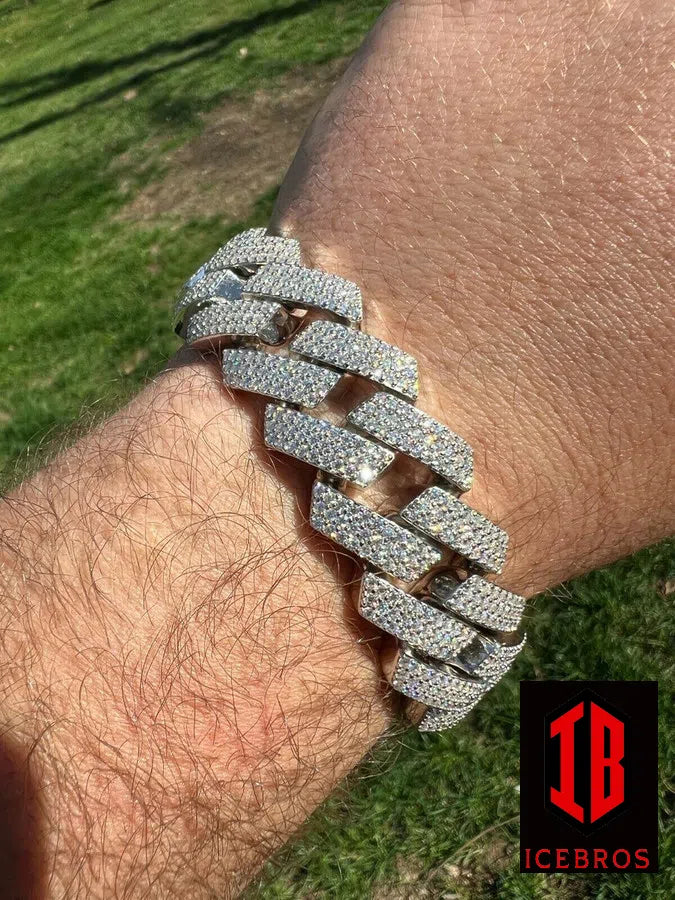 Detailed Shoot Of White Gold Miami Iced Prong Miami Cuban Link Bracelet  