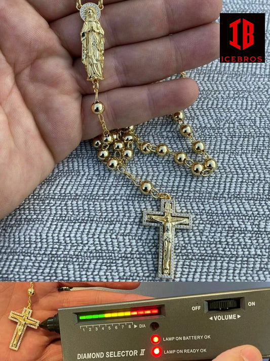 MOISSANITE Rosary Beads Necklace 14k Gold Over 925 Sterling Silver Rosario Jesus