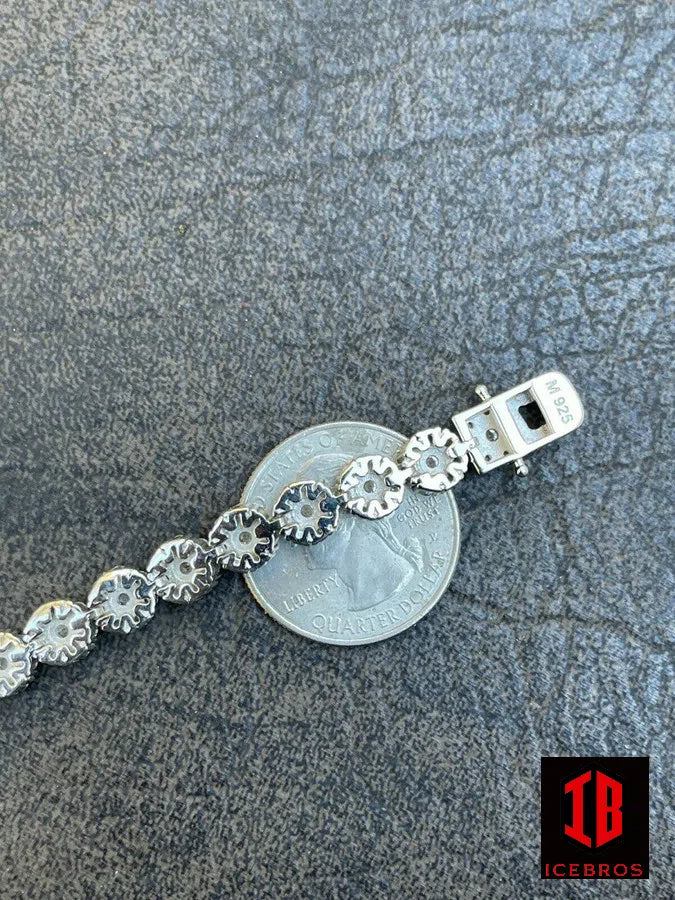 Real Solid 925 Sterling Silver Mens Iced Flooded Out Cluster Tennis Bracelet 7mm