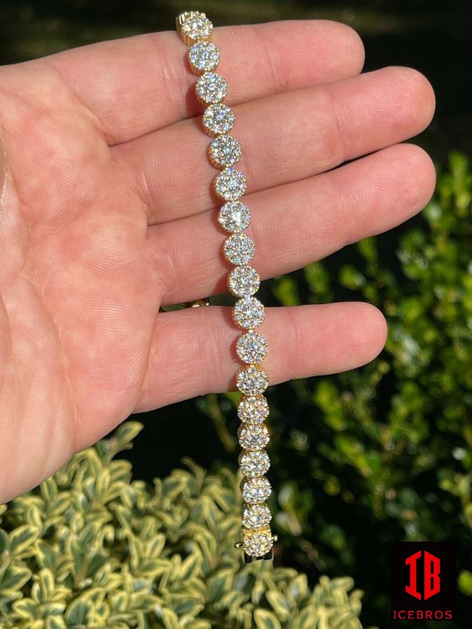 14k Gold Clustered Diamond Tennis Bracelet, 7mm Moissanite Diamond ,925 Sterling Silver wristlet