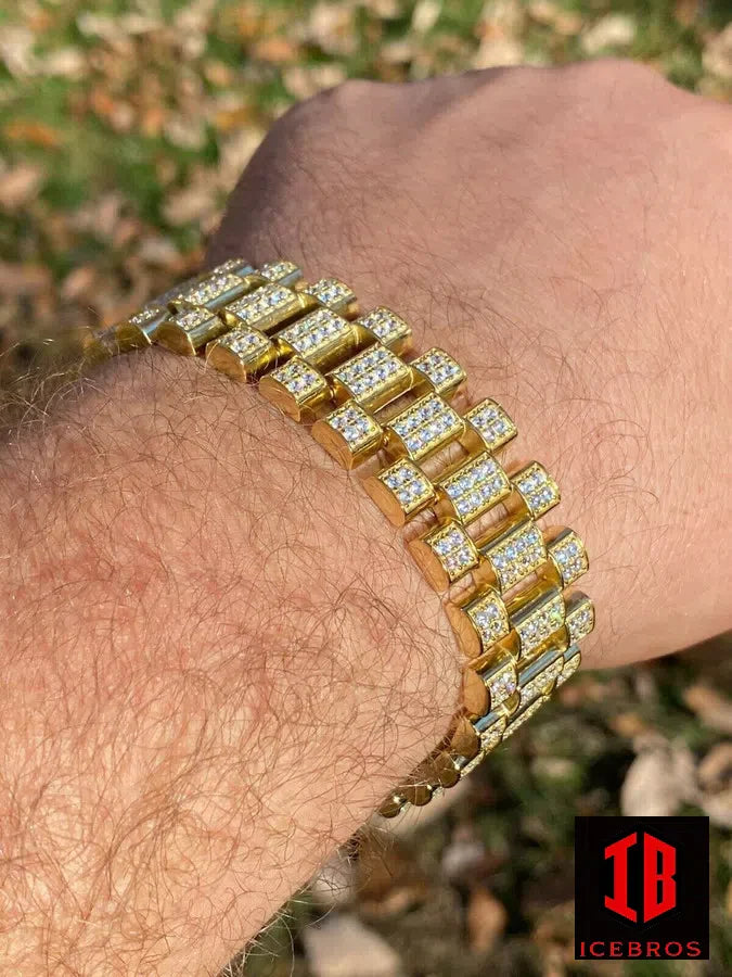 Mens Iced 14k Gold Real Solid 925 Sterling Silver 20mm BIG Presidential Bracelet