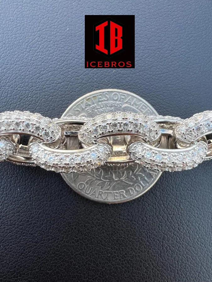 Mens Iced Hip Hop Rolo Bracelet WHITE GOLD Solid 925 Silver Diamonds 12mm