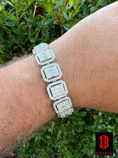 Men’s Real Solid 925 Silver Baguette Iced Bracelet 15mm Thick Bust Down Diamonds