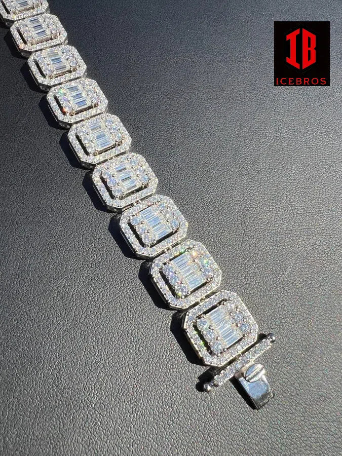 15mm White Gold Baguette Diamond Tennis Bracelet , Moissanite 925 Sterling Silver Wirstlet