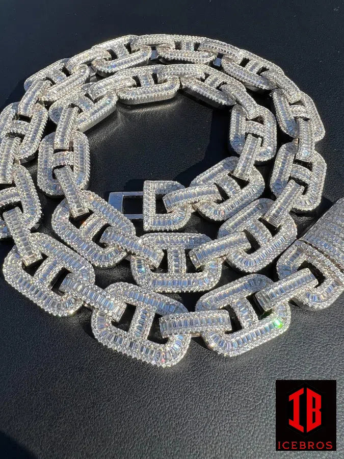 14mm Baguette MOISSANITE Real 925 Sterling Silver Gucci Link Chain Necklace Passes Diamond Test